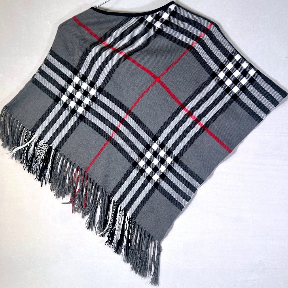 Gray Plaid Pullover Poncho Shawl Wrap Fringe One Size